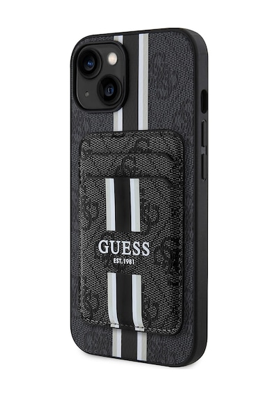 Apple Uyumlu iPhone 15 Kılıf Guess Lisanslı Magsafe Şarj Özellikli 4g Desenli Çizgili Kartlıklı Kapak Siyah