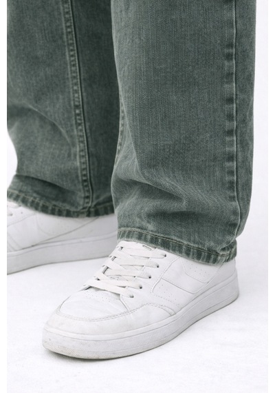 Erkek Baggy Fit Yıkamalı Yeşil Kot Pantolon Rahat Kesim Denim Hakiyıkamalı