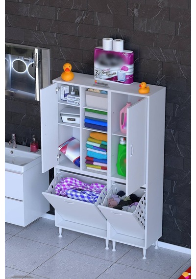 Pınar 105 Cm Raflı Dolap Beyaz Kirli Sepetli Dolap 65+40 X160x32,5 Cm
