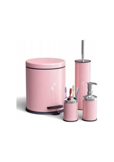 4lü Banyo Seti Pembe- Çöp Kovası+Fırça+Sabunluk+Diş Fırçalık Pembe
