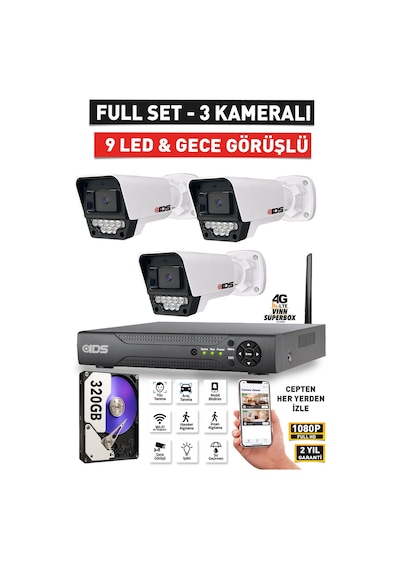 3 Kameralı 9 Led Gece Görüşlü Fullhd Güvenlik Kamerası Seti - Cepten İzle - 320gb