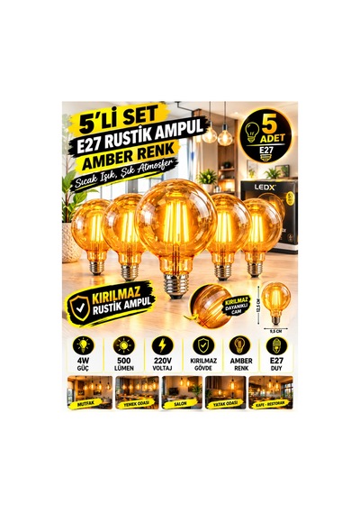 5 Adet Amber Rustik Balon Ampul E27 - Kırılmaz Ampul 4w Sıcak Amber Işık Dekoratif Led Ampul G95 ,dekoratif Ambiyans Ampülü,