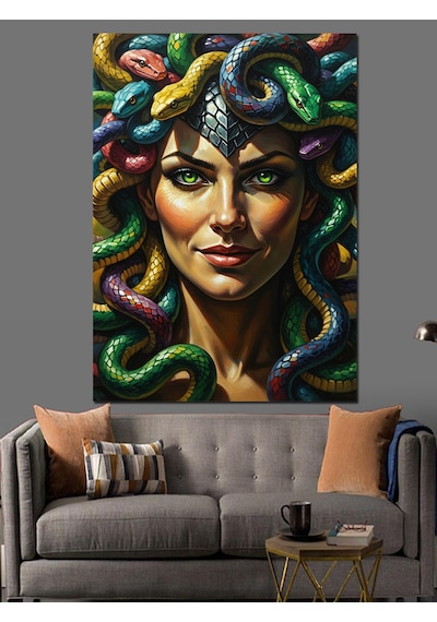 Ahşap Tablo Renkli Yılan Saçlı Medusa Portresi İllüstrasyonu