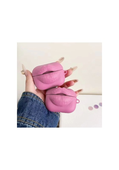 Caseonn Apple Airpods Uyumlu 5 Kılıf Kabartmalı Dudak Lip Pembe