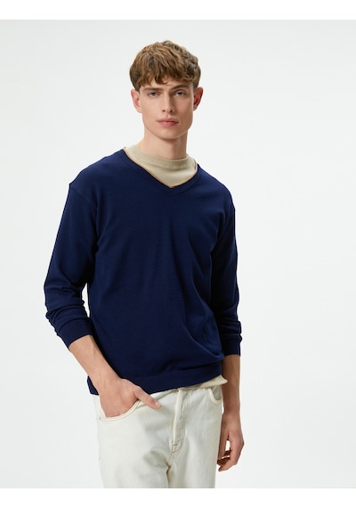 Koton V Yaka Kazak Triko Slim Fit Uzun Kollu Lacivert 4wam70116ht725 Lacivert