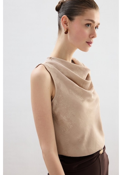 Sateen Degaje Yaka Bluz - Bej-136753 Bej
