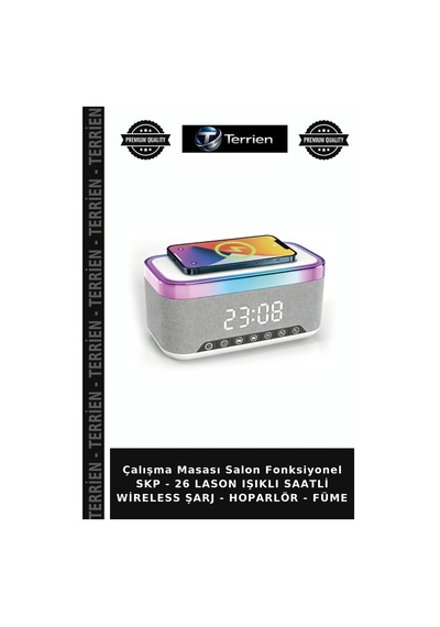 Çalışma Masası Salon Fonksiyonel Skp - 26 Lason Işıklı Saatli Wireless Şarj - Hoparlör - Füme
