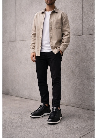 Muggo Reid Hakiki Deri Erkek Kalın Taban Bağcıklı Günlük Casual Sneaker Siyah