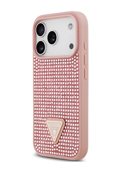 Apple Uyumlu iPhone 17 Pro Kılıf Guess Lisanslı Taşlı Arka Yüzey Üçgen Logolu Kapak Pembe