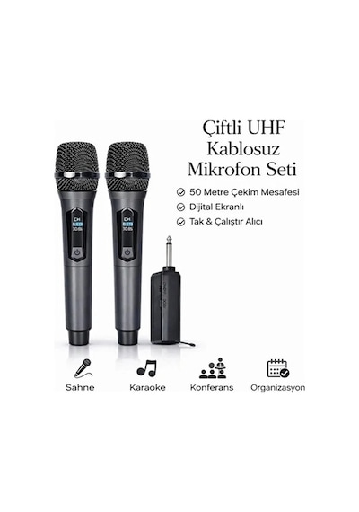 Profesyonel Çiftli Kablosuz Mikrofon Seti Karaoke Şarj Edile