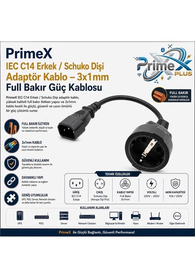 Primex Px-c14 0.35 Metre 3x1mm Ups Psu Schuko Çevirici Kablo, Iec C14 Erkek To Schuko Dişi Ups Standart
