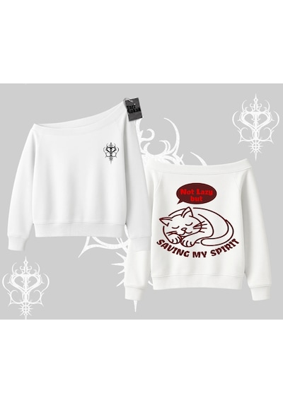 Startmore Not Lazy Saving My Spirit Kedi Baskılı Kayık Yaka Sweatshirt Beyaz
