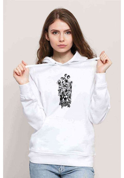 Stanger Things Gang Draw Baskılı Kadın Kapüşonlu Beyaz Sweatshir