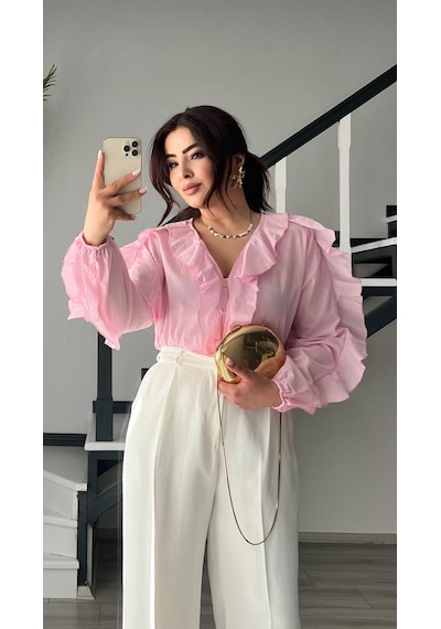 Orijinal Marka Pembe Fırfırlı Gömlek Pembe