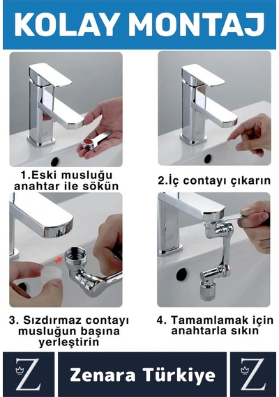 Kolay Montaj Metal Görünümlü 1080 Derece Dönebilen Çift Modlu Su Akışı Akrobat Musluk Ucu Başlığı