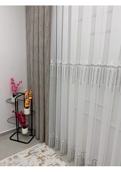 Nivemeshome 2571 V -105 Reina Gümüş 1/2,5 Pileli Bambu Tül Perde Gümüş