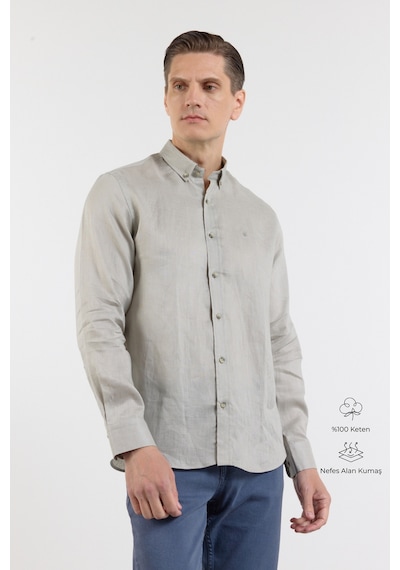 İmza Vizon Keten Düğmeli Yaka Uzun Kol Cepsiz Slim Fit Keten Gömlek 1004260161 2XL