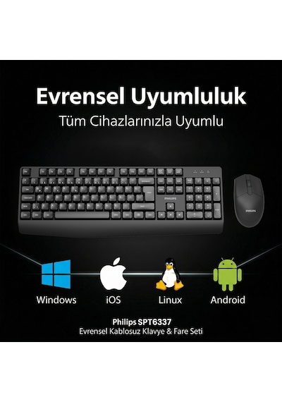 Philips SPT6337 Kablosuz Türkçe Q Klavye & Mouse Seti Siyah