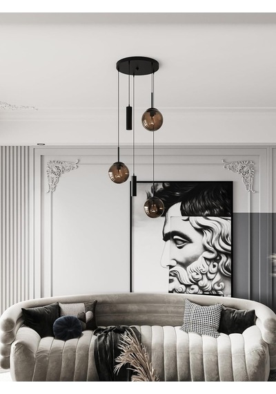 Vienna Modern Siyah Metal Gövdeli 5'li Sarkıt Avize - 3 Bal Cam Küre 2 Led Spot, E27 Duy-g10 Duy Siyah-bal 65 X 100 Çok Renkli