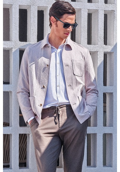 İmza Bej Berberi Yaka Çizgili Desen Gofreli Slim Fit Casual Mont 1007260153 Koyu Bej