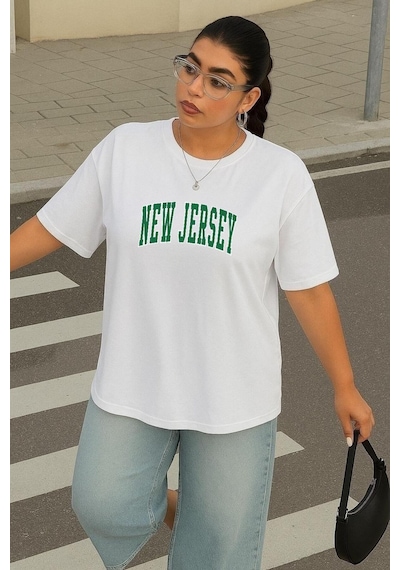 Benroma Büyük Beden New Jersey Baskılı Unisex Tişört Çok Renkli