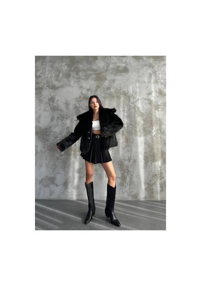 Asur Boutique Asur Butik Kadın Oversize Kesim Çıt Çıtlı Astarlı Kürk Mont Siyah