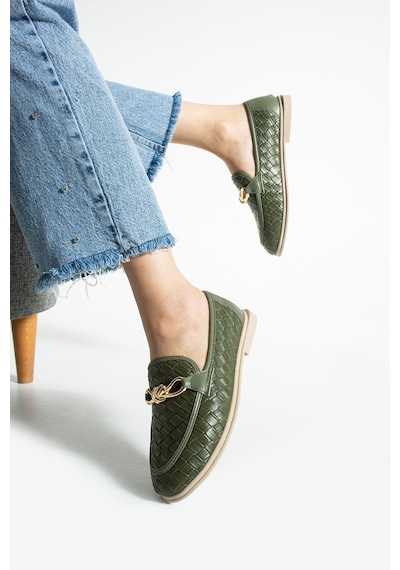 Lebibe Shoes Maby Kadın Haki Örgü Dokulu Zincir Detaylı Loafer Düz Ayakkabı Babet