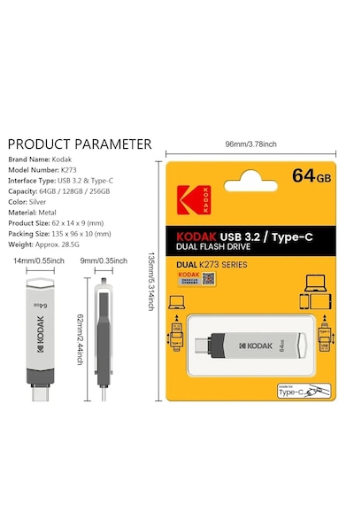 Kodak 64gb.typec Usb 3.2 Apple Uyumlu iPhone 15  Ve Type-c Girişli Tüm Cihazlar