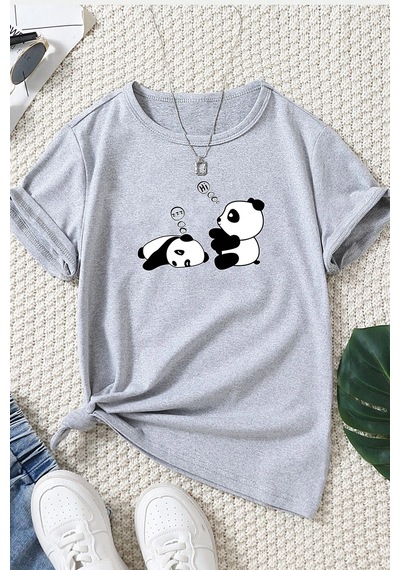 Unisex Uykucu Panda Baskılı Tasarım Tshirt Gri