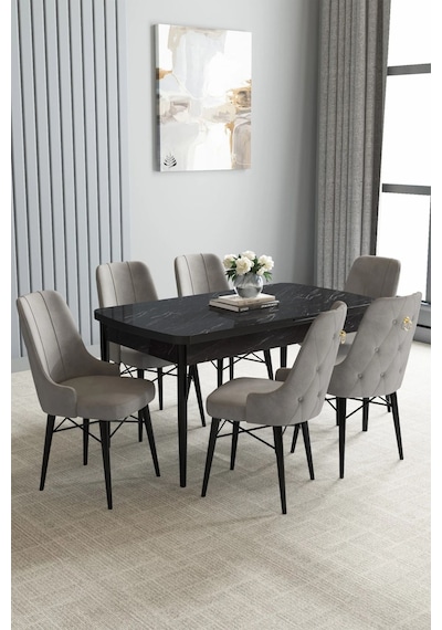 Zümra Serisi, Siyah Mermer Desen 80x132 Açılabilir Mdf Mutfak Masası Takımı 6 Adet Sandalye, Gri Zümra Serisi, Siyah Mermer Desen 80x132 Açılabilir Mdf Mutfak Masası Takımı 6 Adet Sandalye, Gri