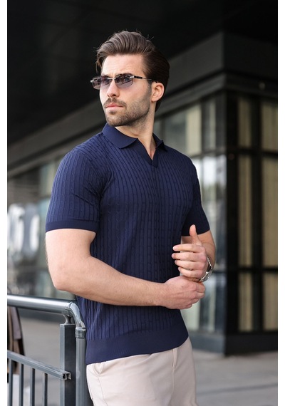 Madmext Lacivert Slim Fit Polo Yaka Triko Erkek Tişört E7472 Lacivert