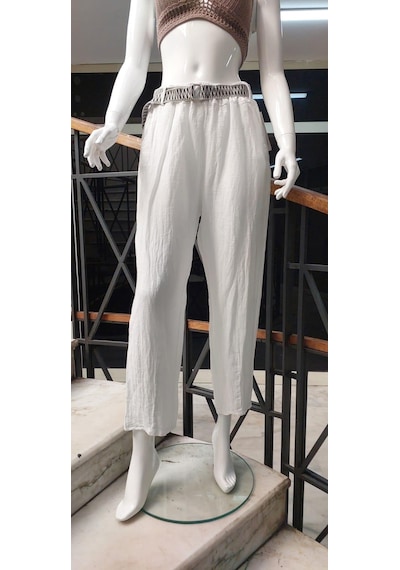 Eren Style İtalyan Kemerli Keten Pantolon-9260 Beyaz