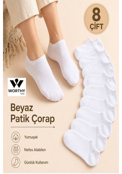 Worthy Socks 8'li Beyaz Kısa Patik Bilek Çorap