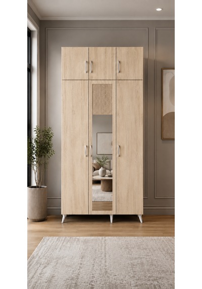Alara Tamamı Mdf Aynalı Portmanto Vestiyer Ayakkabılık Meşe 120 Cm - M5