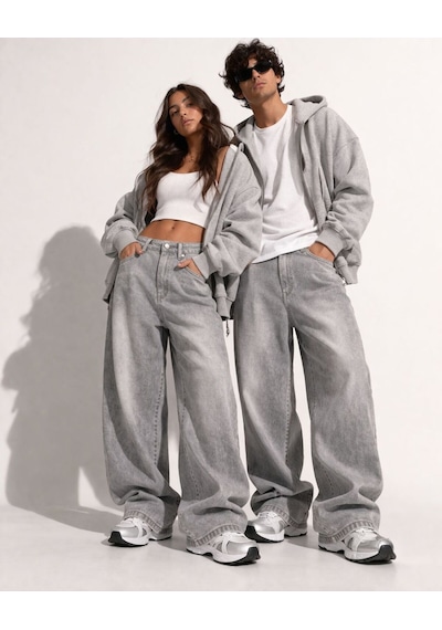 St.poll Gri Yıkamalı Unisex Baggy Jeans Pantolon Açık Gri