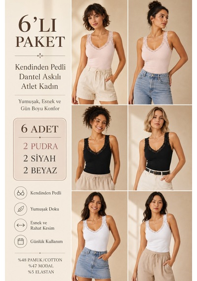 Loule Kadın 6'lı Dantel Detaylı Pedli Atlet 2 Beyaz-2 Si Yah-2 Pudra Çok Renkli