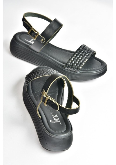 Fox Shoes Siyah Hakiki Deri Örgü Modelli Günlük Kadın Sandalet M291053603 Siyah