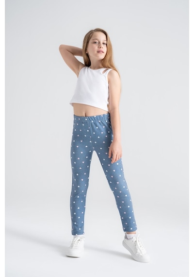 Rahat Giyilen Kız Çocuk Taytı Kalp Desenli Mavi Denim Mavi