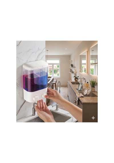 Yapışkanlı Sıvı Sabunluk 1000 Ml 2 Bölmeli Duvar Tipi Banyo Mutfak Dispenser V-2 Beyaz