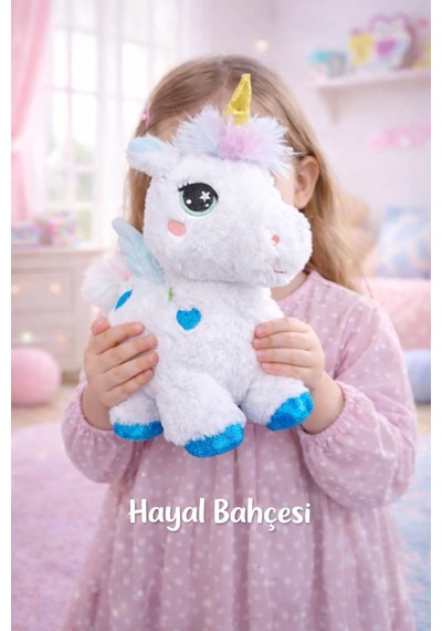 Kanatlı Boynuzlu Unicorn Pony Peluş Oyuncak 35 Cm Mavi