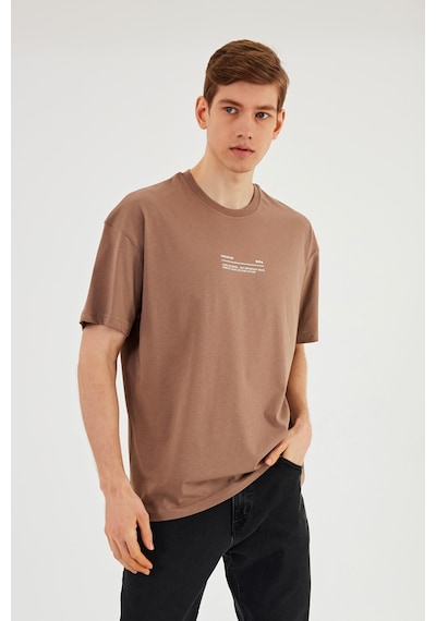 Leo Erkek Oversize Tshirt %100 Pamuk Bisiklet Yaka Baskı Detaylı Basic Tişört Vizon