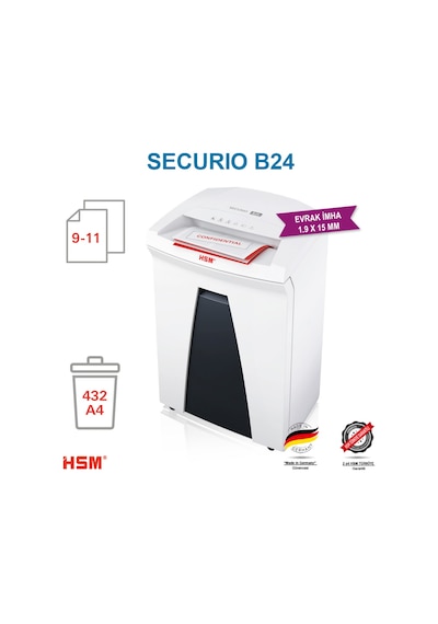 HSM SECURIO B24 Evrak İmha Makinesi / Kağıt Kırpma Makinesi - Parçacık kesim 1,9x15mm- 34lt