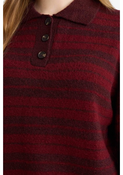 Defacto Loose Fit Polo Yaka Çizgili Triko Kazak Tunik G7240ax25cwbr452 Bordo-br452