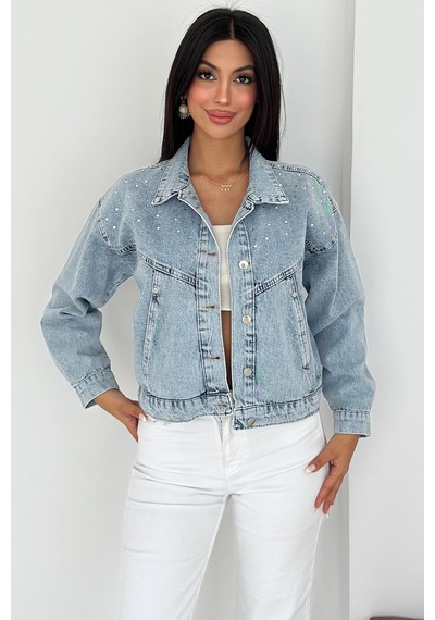 Kadın Taş Detaylı Denim Ceket Astarsız & Cool Model Mavi