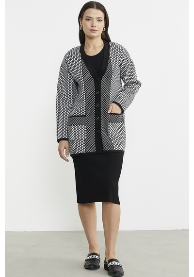 Oversize Cepli Petek Motifli Triko Ceket - Siyah 001