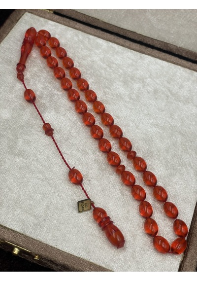 Ali Fidan İmzalı El Boy Badem Kesim Turuncu Amber Ateş Kehribar Tesbih 7x10 Mm
