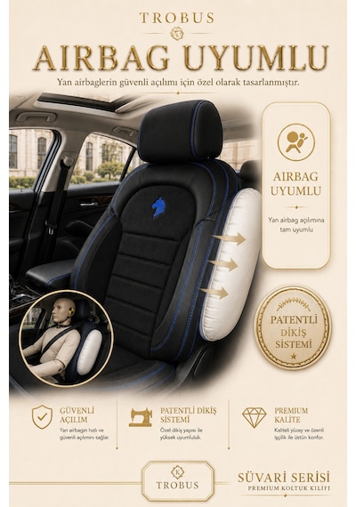 Kia Venga 2012-2015 Uyumlu Süvari Serisi Siyah Mavi Oto Koltuk Kılıfı