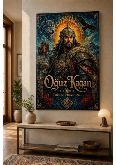 Oğuz Kağan Desenli Baskılı Cam Tablo Türk Mitolojisi Uv Baskı Duvar Dekoru