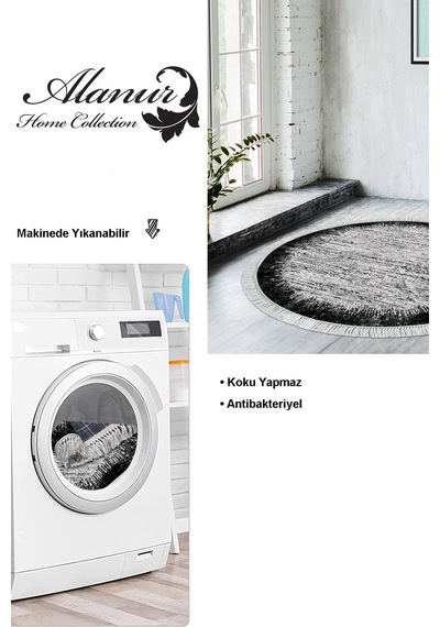 Dekoreko Kaymaz Taban Djt Salon Halısı Star Pamuk Saçaklı Yuvarlak Modern 1342 Siyah