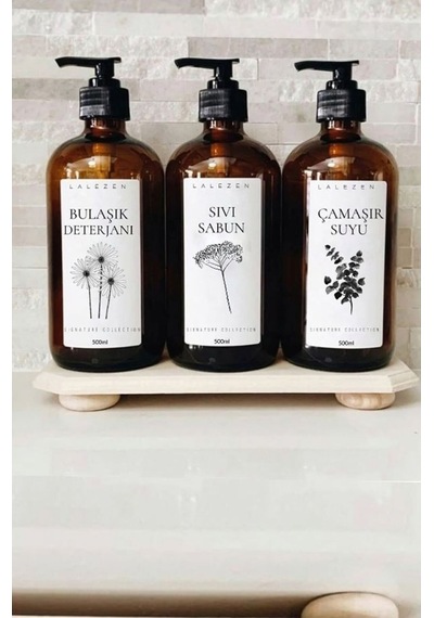 Lalezen Home Sıvı Sabunlukluk Bulaşık Deterjanı Çamaşır Suyu Etiketli Plastik Amber Şişe 500ml